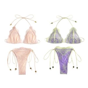 2Pcs/Set Fashion Summer Lace Bikini Set Hollow Bandage Triangle Swimwear Casual Patchwork Bathing Suit Vacation