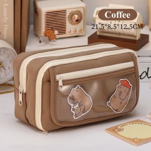 Multi Layered Pencil Bags Transparent Large Capacity Student PU Leather Pencil Pouch School Stationery Organizer Supply Pen Case