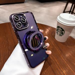 Luxury Glitter Mirror Magnetic Bracket Clear Phone Case for Iphone 15 Pro Max 14 13 12 Shiny Diamond Plating Casing with Lens Film