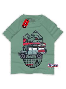 Kaos anak cowok distro motif kendaraan mobil Adventure JEEP AWAN warna sage bahan katun premium 30s