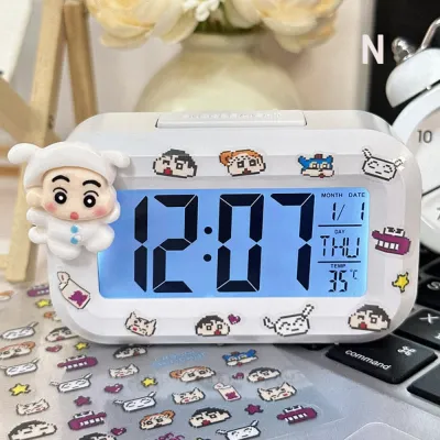 SUCHIC Hoạt hình Đồng hồ kỹ thuật số LED Mini Với đèn ngủ Đồng hồ báo thức người ngoài hành tinh Dễ thương Shin-Chan bút chì màu Đồng hồ để bàn dễ thương Ký túc xá sinh viên