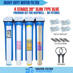 4 Stages 20" Slim Type Blue Water Filtration Premium Set for Deepwell - 3/4" NPT