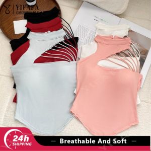 YIFAFA เสื้อเสื้อสตรีแขนกุดสำหรับผู้หญิงเสื้อสายคล้องคอสีแดงกลวงมีสายคล้องคอเสื้อยืดผู้หญิงแฟชั่นเสื้อกล้ามแขนกุดฤดูร้อนสำหรับผู้หญิง