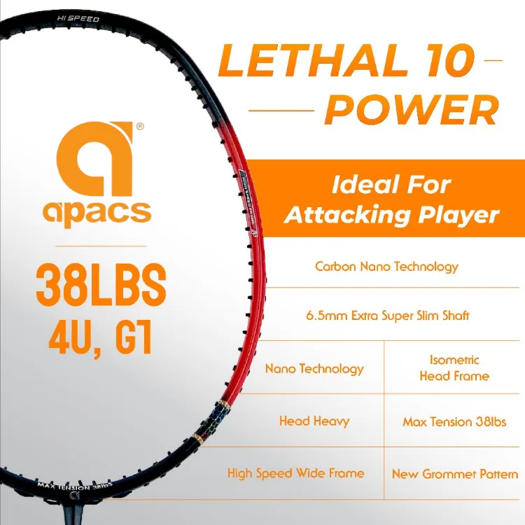 APACS Lethal 10 Power (Black red) Badminton Racket - 4UG1 Max.T