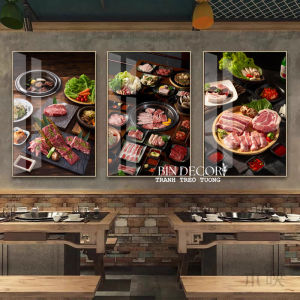 Tranh treo tường tráng gương thịt nướng trang trí decor quán ăn nhà hàng có khung