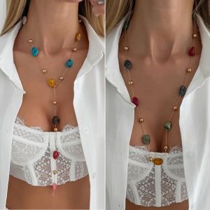 COUPLECOL Y-Shaped Colorful Beaded Necklace Long Cross Gold Jewelry Creative Boho Beads Chain Choker Summer