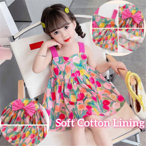 AILEBE Kids Dress Korean Style A-Line Sleeveless Vest Dress Soft Cotton Lining Spaghetti Strap Sando Design All-Season Wear OOTD Pambahay For Baby Girls 0-4 Y