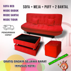 Sofa Bed PILLOWTOP + Meja + Puff/Stool. Bonus 2 Bantal | Bahan Bludru | Sofa Tidur/Sofa Malas/ Sofa Santai / Sofa bed minimalis