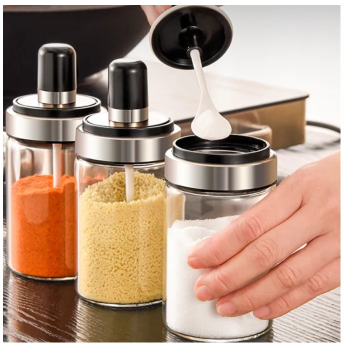 Transparent Condiments Condiment Glass with Spoon Transparent Kitchen Gadget Seasoning Bottle ...