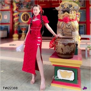 22308  เดรสกี่เพ้า พิมพ์ลายทองกระโปรงติดโบว์ ..