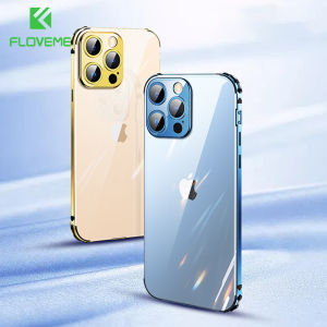FLOVEME Luxury Metal Matte Phone Case For iPhone 13 12 11 Pro Max 12 Mini Stainless Steel Frame Transparent Back Plane Metal Lens Protection Covers