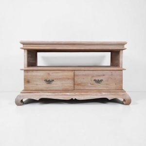 (ประกอบแล้ว) โต๊ะไม้สัก โต๊ะทีวี ตู้ไม้สักชั้นวางทีวี ตู้วางทีวี สีเสี้ยนขาว ทนทาน เฟอร์นิเจอร์ไม้สัก 103x44x63cm Media Console Table in white washed