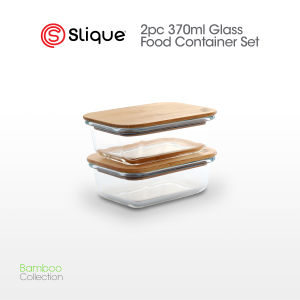 SLIQUE Glass Food Container 2pcs Set Borosilicate Glass Bamboo lid with Silicone Gasket Airtight Leak Proof Lunch Box