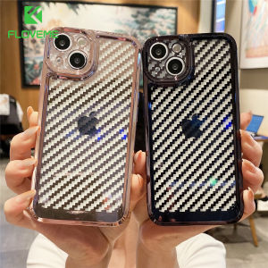 FLOVEME Transparent Plating Phone Case For iPhone 13 12 11 Pro Max XS Max XR X 8 7 Plus Carbon Fiber Pattern Lens Protection TPU Shockproof Back Cover
