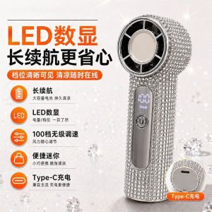 KECTTIO Long-Lasting Rhinestone Handheld Fan Digital Display Sparkling Portable Hand Fan Stylish 100 Gears Personal Electric Fan Travel Use