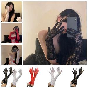 Women Black Stretch Lace Prom Gloves Mesh Jacquard Finger Wedding Gloves Party Opera Gloves