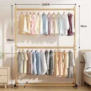 Luking Metal Double Clothes Drying Rack Multifunctional Floor Mounted Clothing Hanging Rack Strong Steel Laundry Rack Cloth Hanger Floor-standing Organizers Drying Rack Bottom Storage Rack for Bedroom