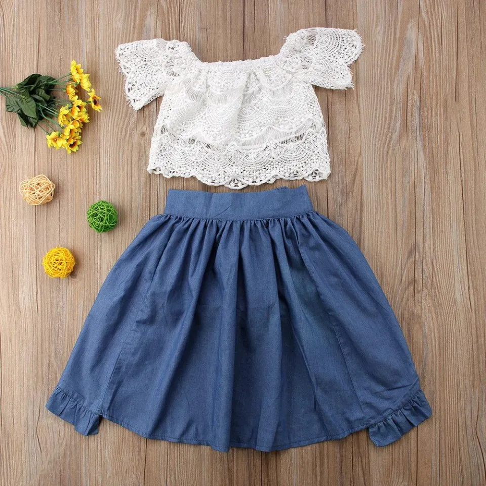 New Infant Kids Baby Girls Off Shoulder Top Denim Jeans Pant Dress