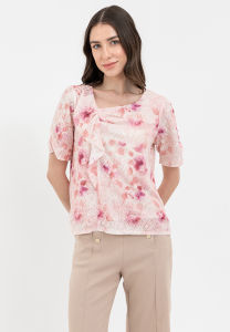 Ruffled Neckline Floral Printed Blouse Top
