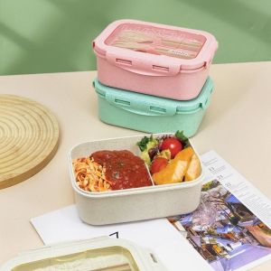 MUKANG Portable Wheat Straw Lunch Box Sealed Leakproof Compartment Lunch Container Food Container with Utensils Wheat Straw Food Container Students