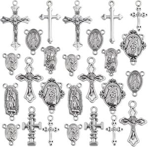 50pcs Rosary Cross and Center Miraculous Medal Charms Tibetan Jesus Crucifix Pendants Virgin Mary Oval Chandelier Links for DIY Rosary Necklace Jewelry Making 10 Styles