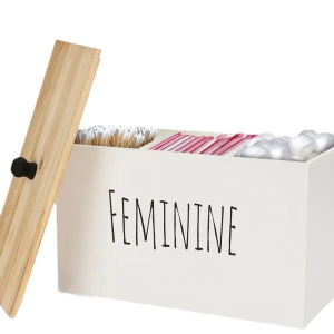 JIJES ไม้ กล่องเก็บสำลี พร้อมฝาปิด 1/3 ตาราง ภาชนะเก็บแผ่นอนามัย หลายฟังก์ชัน ป้องกันฝุ่น กล่องจัดระเบียบของใช้สำหรับเด็กผู้หญิง สำหรับผลิตภัณฑ์สำหรับผู้หญิง