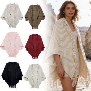 MUSCLEX V-neck Womens Shawl Mid-Length Fringe Knit Shawl Outfit Accessory Loose Fit Cardigan Cape Spring Autumn