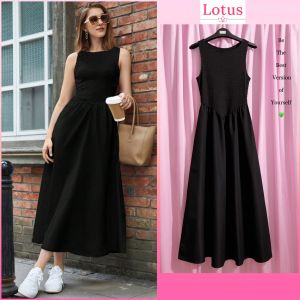 Lotus Đầm Dài Dáng Xoè Nhún Eo Tôn Dáng Đầm Maxi Cổ Thuyền Thoáng Mát Đầm Sát Nách Bo Thun Dáng Ôm Eo Đầm Đen Váy Chữ A Dáng Dài Maxi Đi Biển Đi Chơi Du Lịch Đầm Corset Màu Đen Cho Nữ Chân Váy Dài Thanh Lịch
