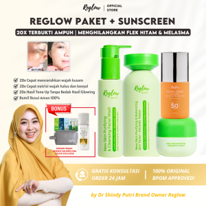 NEW REGLOW SKINCARE PAKET GLOWING SKIN TREATMENT DENGAN SUNSCREEN SPF 50 PA +++ Melindungi Kulit Wajah dari Paparan Sinar Matahari Skincare Pencerah Wajah Glowing dan Putih Menyamarkan Flek Hitam dan Bekas Jerawat Hitam
