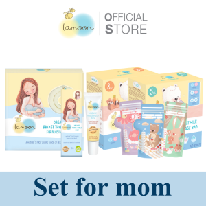 [set for mom 2 ] Lamoon แผ่นประคบสำหรับคุณแม่1ชิ้น+บาล์ม1ชิ้น+ถุงเก็บน้ำนมแม่ลายละมุน5+8ออนซ์