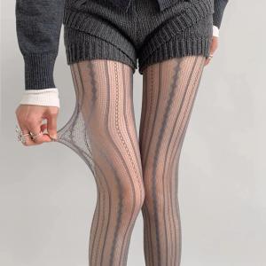 Y2k Retro Leopard Print Mesh Pantyhose Fashionable Diamond Vertical Stripe Fishing Net Socks Border Knee High Stockings