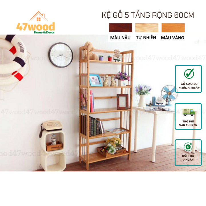 KỆ SÁCH 5 TẦNG RỘNG 60CM, GỖ CAO SU CHỐNG NƯỚC - KỆ GỖ 5 TẦNG RỘNG 60CM 47WOOD