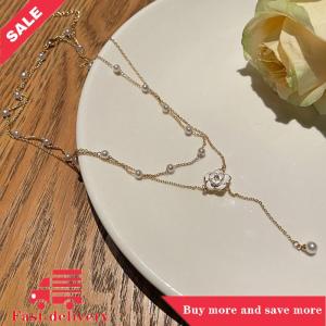 [COD] Double layered tassel pearl necklace for female niche design camellia collarbone chain light luxury high-end feel temperament neck chain
