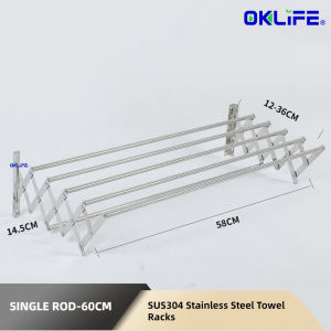 [OKLIFE. ]SUS304 Stainless Steel Bathroom Wall Mounted Retractable Towel Rack Hanger Wall Mount Clothes Drying Rack Towel Rack