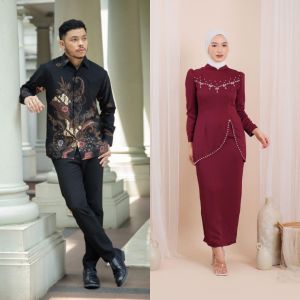 Couple Felicya Oneset Kurung Melayu Malaysia Full Payet dan Kemeja Batik Lengan Panjang Baju Kondangan Kekinian