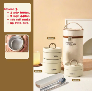 Hộp cơm văn phòng Hộp cơm giữ nhiệt LUCKY thiết kế 3 ngăn riêng biệt kèm ruột inox 304 - AT