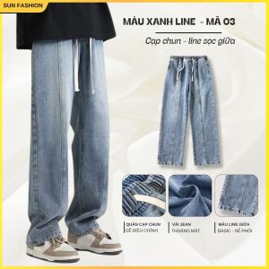 Quần jean quần bò nam nữ phối line ống rộng SUN 03 ĐEN KHÓI quần cạp chun mặc thoải mái cá tính năng động