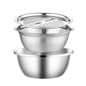 3PCS Set Stainless Steel Kitchen Grater Strainer Basin Set Multifunctional Vegetable Cutter Slicer Drain Basket Julienne Graters Peeler Salad Maker Bowl