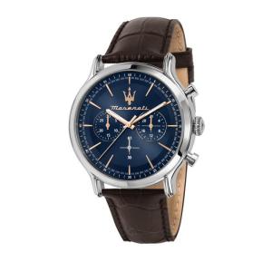[2 Years Warranty] Maserati Epoca 42mm Blue Dial Brown Leather Strap Chronograph Mens Quartz Watch R8871618014 with Luminous Hands