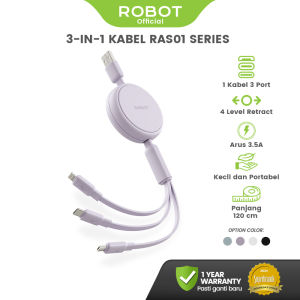 Robot Kabel Charger 3 in 1 RAS01 Retractable Fast Charging 3.5A Kabel Data Tarik 120cm Portable Travel Friendly iOS Android Type C Micro Lightning Pengisi Daya HP Praktis Original Garansi Resmi 1 Tahun