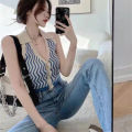 bikini top summer Striped Knitted Sleeveless tank top Halter Lapel backless Top. 