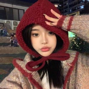 NOVELLEO Solid Color New Year Red Hat Beanie Fluffy Ear Protection Hat Personality Anti-cold Winter Plush Hat Winter