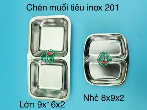 Khay gia vị inox chén muối tiêu chén nước chấm D&H - PHÚC HƯNG PHÁT SG kích thước nhỏ 8cmx9cmx sâu 2 cm lớn 16cmx9cmx sâu 2cm.