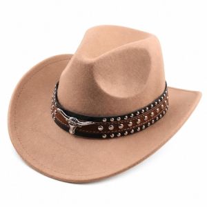 FEELDG Vành rộng Mũ cao bồi miền Tây Cảm giác Đồ trang trí đầu bò Mũ Fedora Jazz Phong cách dân tộc Mũ da đính đinh tán Phụ nữ