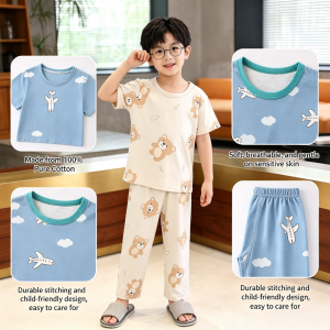 AILEBE Kids Homewear Pajamas 100% Pure Cotton Set Soft Breathable Durable Short Sleeve Tee Shorts Cute Summer Sleepwear Pambahay For Baby Boys & Girls 0-10Y