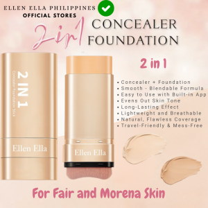 🔥 Ellen Ella 2-in-1 Sweatproof Concealer Foundation Stick | Built-in Brush | Oil Control + Full Coverage | Long-Wear Matte Finish Makeup for Fair & Morena Skin – 22g.
