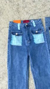 กางเกงยีนขาม้าแต่งกระเป๋าผ้าขาแนลสุดเกร์ ทรงสวย กางเกงยีน กางเกงขาม้า BU6965