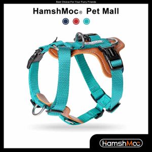 HamshMoc No Pull Dog Harness Adjustable Leather Pet Vest for Easy Walking with 2 Leash Clips Small Medium Large Dogs 1