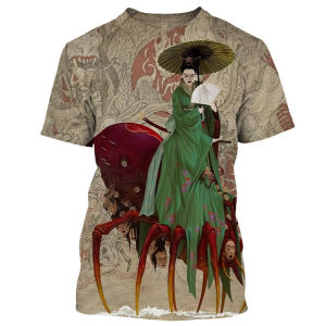 Japan Geisha Warrior T-shirt Mens Clothing O Neck Short Sleeve T Shirts 3D Print Vintage Personality Trend Harajuku Style Tee