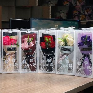 OKDEALS Anniversary Wedding Decoration Mothers Day Boxed Artificial Rose Bouquet Artificial Flowers 3 Heads Soap Flower